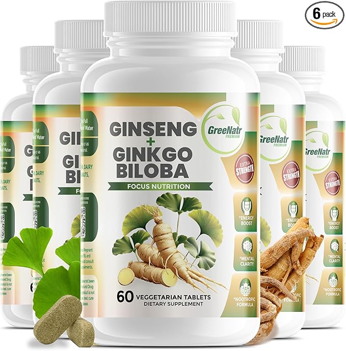 Ginko Biloba & Panax Ginseng Supplement - Red Ginseng for Memory and Focus - Ginkgo Biloba for Good Vision, Immune System and Improved Blood Flow (360 Tablets: 6 Bottles)