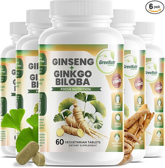 Ginko Biloba & Panax Ginseng Supplement - Red Ginseng for Memory and Focus - Ginkgo Biloba for Good Vision, Immune System and Improved Blood Flow (360 Tablets: 6 Bottles)