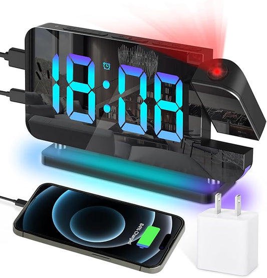 Projection Alarm Clock, Digital Colorful Clock with 180° Rotatable Projector, Mirror Clocks with RGB Night Light,Snooze,12/24H, Dual Charger Port, Auto Dimmer, LED Desk Clock for Bedroom