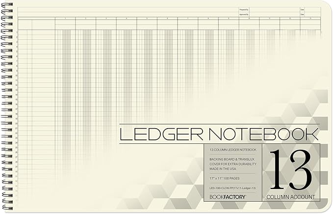 BookFactory Accounting Ledger Notebook/Large 13 Column Accounting Ledger Columnar (Thirteen Columns) Log Book - 17'' x 11'', 100 Pages, Wire-O Landscape Format (LED-100-CLCW-PP(17x11-Ledger-13)-AX)