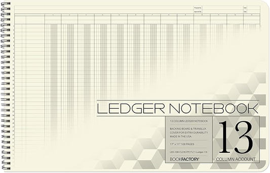 BookFactory Accounting Ledger Notebook/Large 13 Column Accounting Ledger Columnar (Thirteen Columns) Log Book - 17'' x 11'', 100 Pages, Wire-O Landscape Format (LED-100-CLCW-PP(17x11-Ledger-13)-AX)