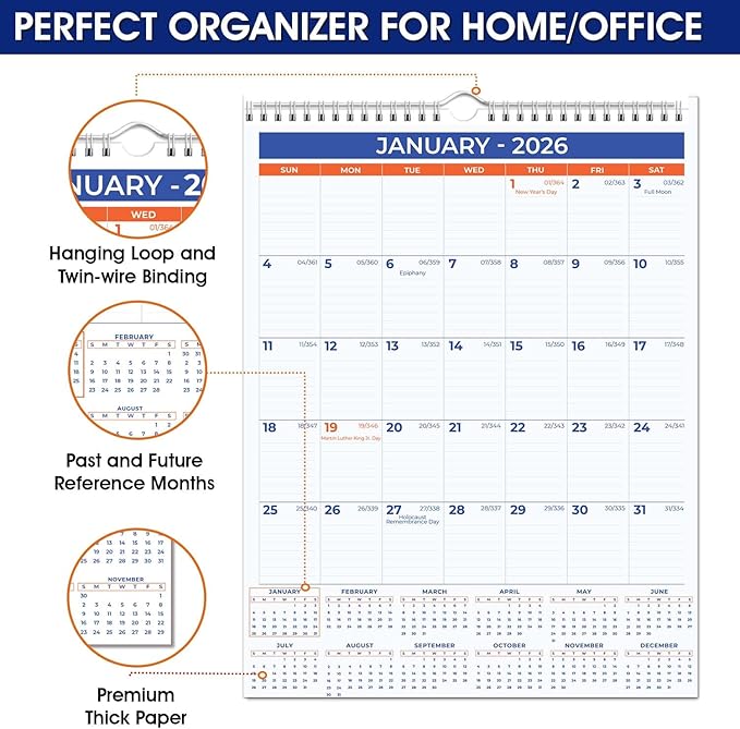 2026 Wall Calendar - January 2026 - December 2026, 12 Monthly Hanging Calendar, 2026 Planner, Size 11" x 17", Spiral Binding, Holidays, Julian Dates, Large Blocks, Twin-Wire Binding, Hanging Hook