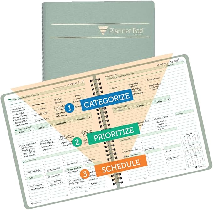 Planner Pad Spiral Bound 3-Tier Funnel Down 12 Month Organizer, October 2025 – September 2026, Greenish Grey Cover/Soft Green Ink, 6 3/4" x 8 1/2"