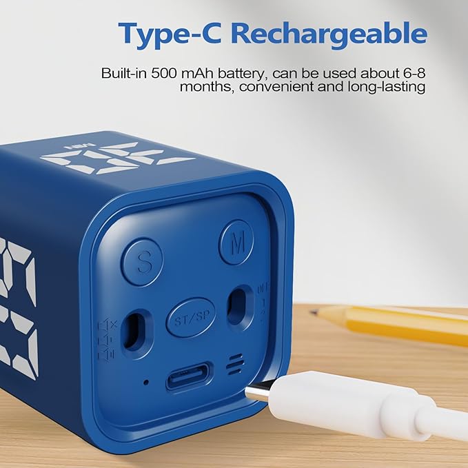 GuDoQi Multi-Function Cube Timer, 5/10/30/60 Min & Custom Count Down, Included Pause & Resume Feature, Silent, Vibrate & Adjustable Sound Alarm for Productivity in Tasks,Study & Kitchen, Classic Blue