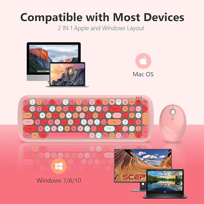 MOFii Wireless Keyboard and Mouse Combo, Retro Typewriter Keyboard with Multi-Media Function Keys and Number Pad Compared for PC Computer Windows (Pink Colorful)