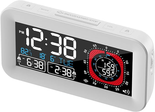 Digital Dual Alarm Clock for Bedroom,Visual Timer Clock for Kids,Dual Display Countdown Stopwatch Timer Dual Alarm Clock, Time Management Station for Homeschooling Teaching Home Kitchen Office (White)