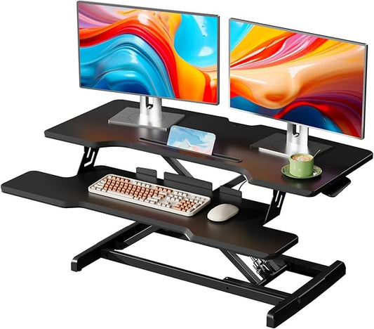 35" Standing Desk Converter, Height Adjustable Desktop Riser with Keyboard Tray for Two Monitors, Sit to Stand up Computer Workstation for Home Office, Black