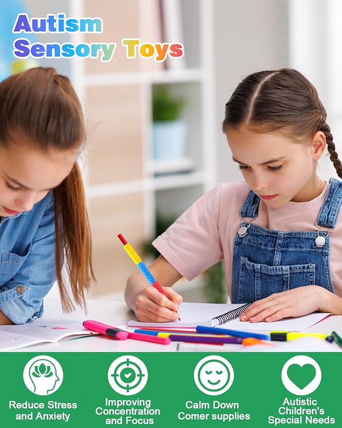 Sensory Fidget Toys Kids Adults: 24 Pack Textured Silicone Pencil Grips for Autism Kids Calming - ADHD Tools for Anxiety Relief Items - Quite Fidget Toy Gifts Christmas Stocking Stuffers for Kids