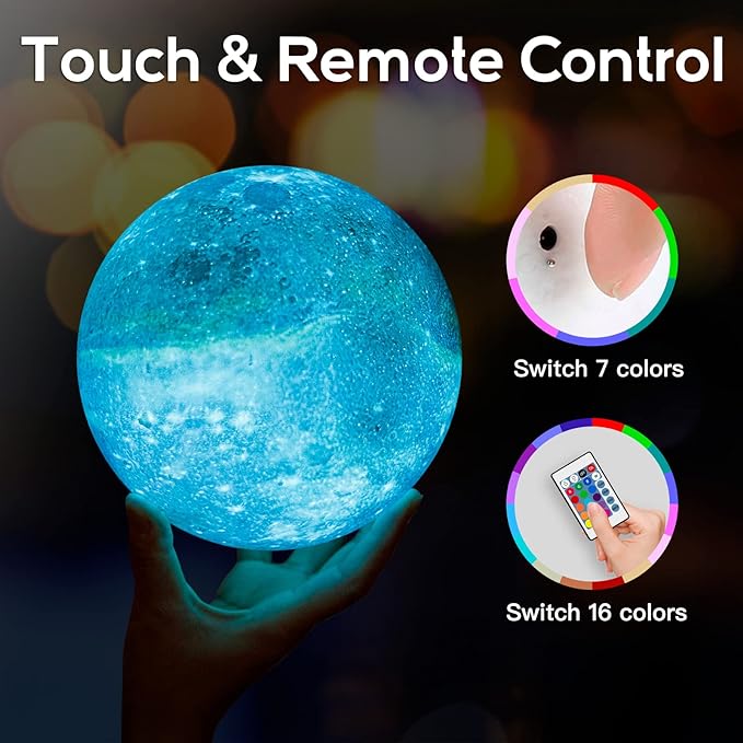 BRIGHTWORLD 7.1inch Galaxy Lamp 16 Colors Moon Lamp 3D Printing, Remote & Touch Control USB Rechargeable, Birthday Gifts for Women Room Decor Aesthetic（Black Hand Base）