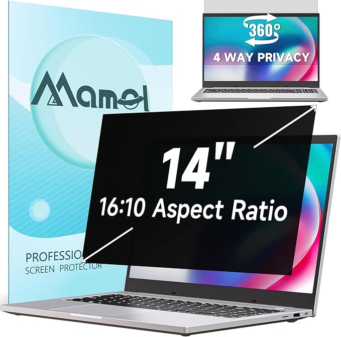 360° Laptop Privacy Screen 14 Inch 16:10, 4 Way Computer Monitor Privacy Shield, Matte Anti Glare Blue Light Filter Compatible with Lenovo Hp Dell Acer Asus Thinkpad Envy Xps