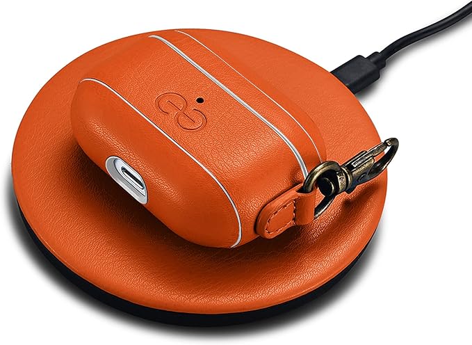Dreem Om Case Cover with Keychain Clip Compatible with AirPods Pro 2/Pro, Protective One-Piece Hard Shell, Luxury Vegan Leather AirPod Pro Case 2nd/1st Generation with Separate Clip [Orange]