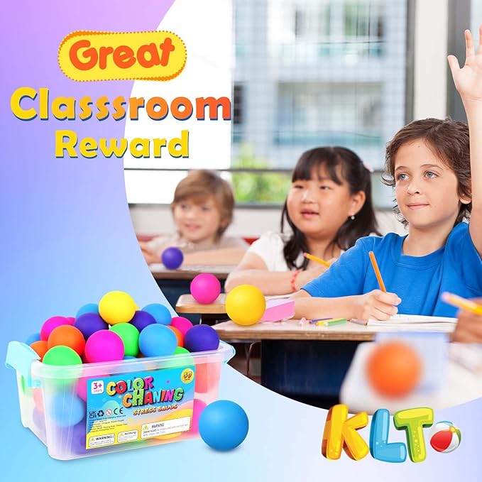 Stress Balls Bulk for Kids and Adults: 50 Pack Mini Squishy Ball for Anxiety Relief - Color Changing Sensory Ball Fidget Toys for Autistic Children, Classroom Prizes Goodie Bag Stuffers (1.8")