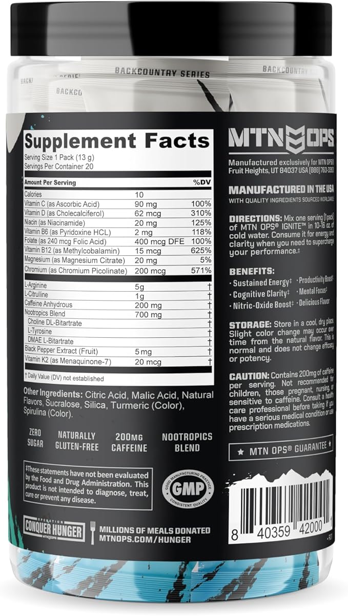 MTN OPS Ignite Trail Packs Energy Drink Powder, Gluten Free Nootropic Supplement Drink Mix, L Arginine, L Citrulline, Caffeine & Nootropic Sugar Free Drink Mix, 20 Servings, Hush Summit Surge