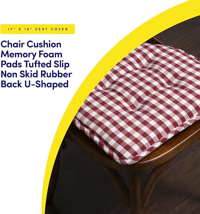 Sweet Home Collection Chair Cushion Memory Foam Pads Tufted Slip Non Skid Rubber Back U-Shaped 17" x 16" Seat Cover, 4 Count (Pack of 1), Checkered Wine/White