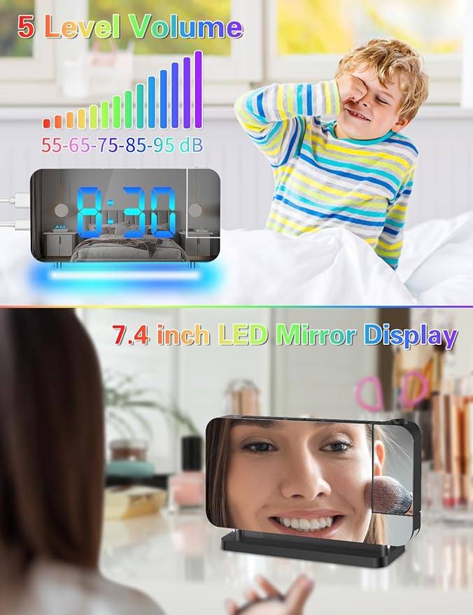 Projection Alarm Clock, Digital Colorful Clock with 180° Rotatable Projector, Mirror Clocks with RGB Night Light,Snooze,12/24H, Dual Charger Port, Auto Dimmer, LED Desk Clock for Bedroom
