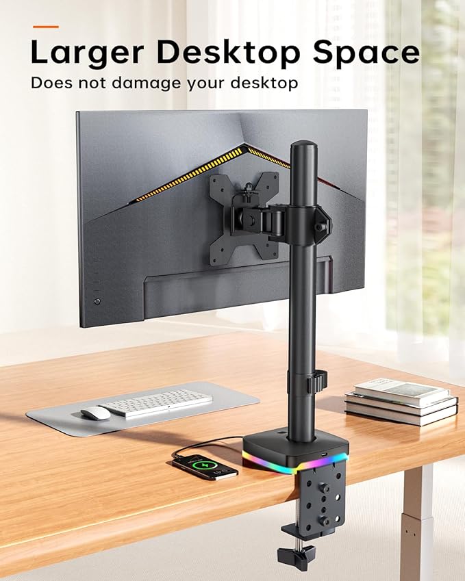 RGB Single Monitor Stand, Monitor Desk Mount Arm up to 17.6lbs Desk Mount with RGB Light Adjustable Heights Angles Arm with RGB USB & USB-C High Speed Data Transfer C-Clamp 75x75/100x100 VESA