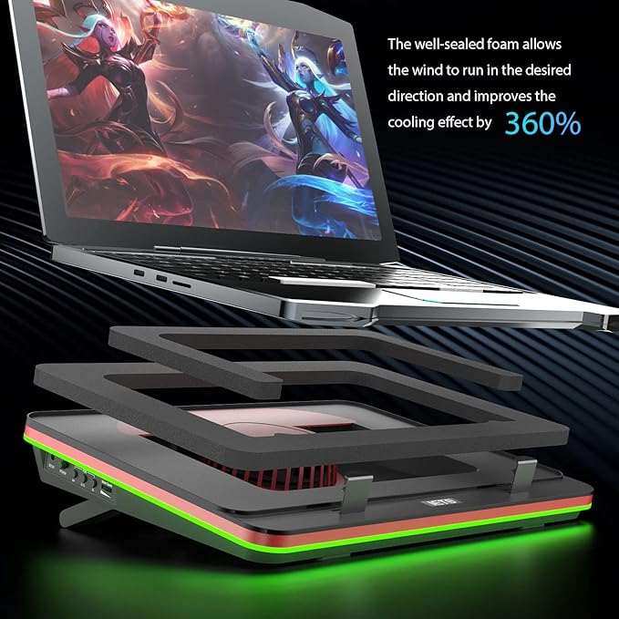 GT500 Powerful Turbo-Fan (5000 RPM) RGB Laptop Cooling Pad with Infinitely Variable Speed,Seal Foam for Rapid Cooling Gaming Laptop,Dust Filter for Protect Laptop,13-17.3inch Laptop Cooler