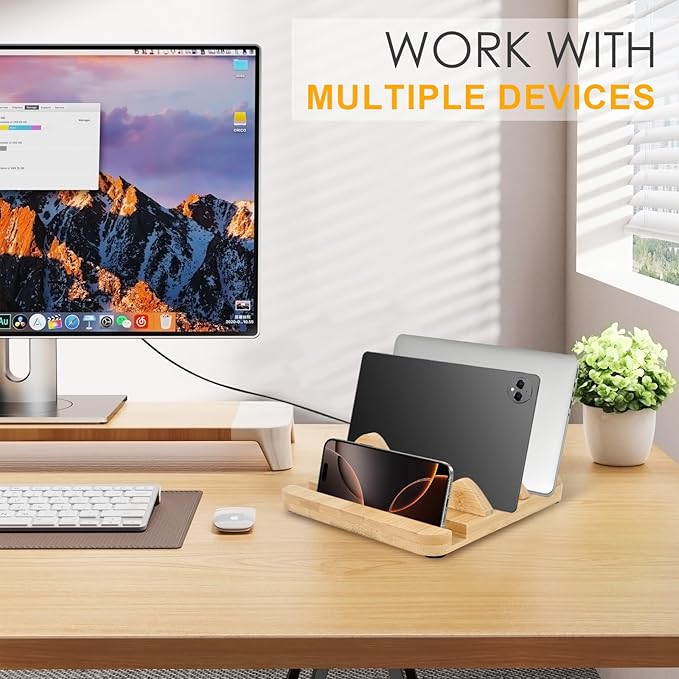 Wooden Vertical Laptop Stand, Double Stand Adjustable Laptop Holder Mountain Shape 3 Slots Desktop Dock Compatible with All MacBook/Surface/Samsung/HP/Dell and Other Laptops