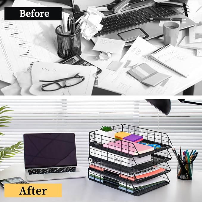 Tunnkit 4 Pack Stackable Letter Tray Paper Organizer, Metal Desk Organizer Tray for Letter/A4 Paper Storage, Suitable for Office, School, Home, Black