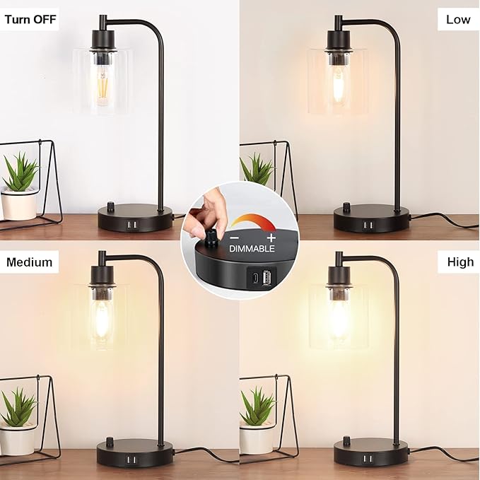 Industrial Table Lamp with 2 USB Charging Ports, Fully Stepless Dimmable Modern Nightstand Lamp, Glass Shade Bedside Desk Lamp for Bedroom Living Room Office, 8W 2700K LED Edison Bulb Included