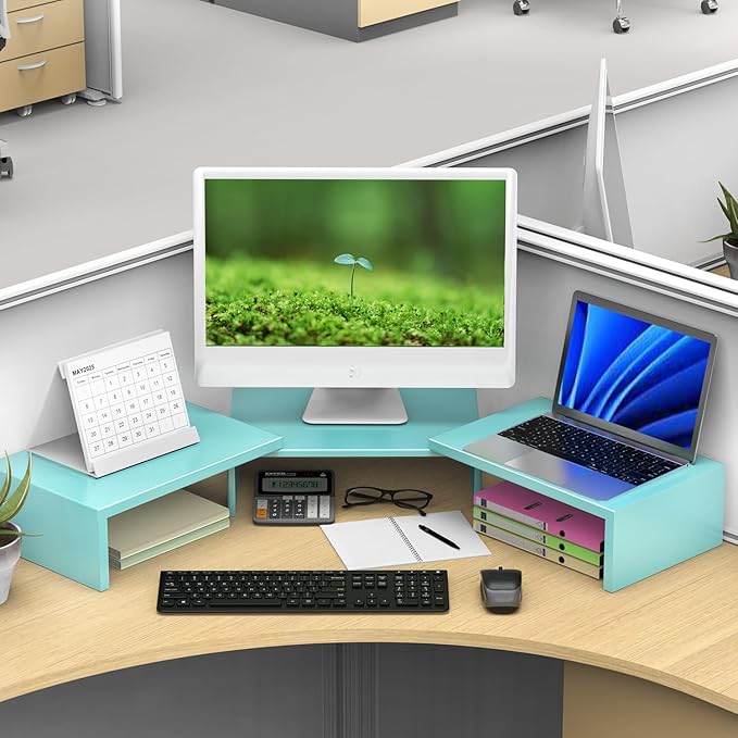 Dual Monitor Stand for Desk, Metal Computer Stand, Desk Shelf Riser,Desktop Organizer for Home and Office Use (Blue)