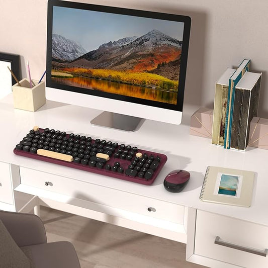 Wireless Computer Keyboards Mouse Combos, COVEVA Colorful Typewriter Retro Keyboard with Round Keycaps, USB Keyboard and Mouse Set 2.4GHz Full-Size Wireless Keyboard and Optical Mouse（Black-Claret）