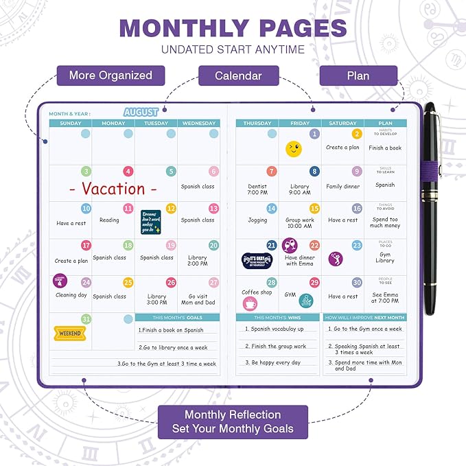 2025-2026 Undated 12 Month Planner Hardcover (5.5x8.5") - Weekly & Monthly Academic Life Organizer, Productivity Journal, Thick Paper, Sticker, Bookmark, Pen Loop(Purple)