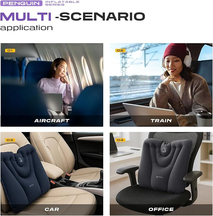 Press-to-Inflate Lumbar Support Pillow for Airplane, Car, Office Chair & Travel, Ergonomic Inflatable Back Cushion for Lower Back Pain Relief, Improve Posture & Portable Comfort, Easy to Carry - Blue