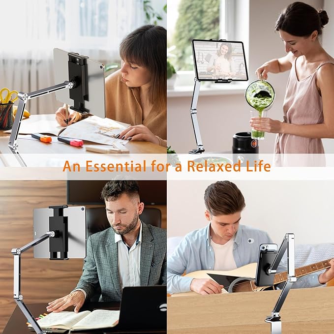 iPad Mount for Desk Aluminum Alloy Tablet Stand Foldable Overhead Arm Holder Mount Fits for 4.7-15.6" Screen Phone,Kindle,Fire HD,Monitor,iPad,Galaxy Tab Series (Gray)