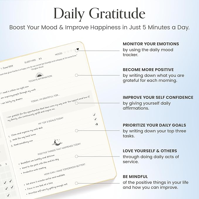 Gratitude Journal For Women & Men - Mental Health, Self Love & Self Care Journal - Blue - 5.8" x 8.3" - Mantra Planner