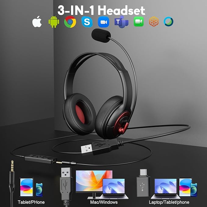 MAIRDI USB Headset with Microphone, Type-C/USB/3.5mm Jack 3-in-1 PC Headset, Computer Headset with Mic Noise Canceling for Teams Call Centers Skype Zoom Home Office Dragon Nuance Dictation