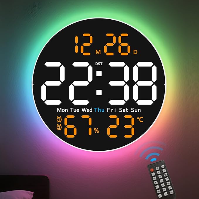 10 Inch Large Digital Wall Clock with 9 Color Changing Remote Control, Date Week Temperature, Auto Brightness Dimmer Big Clock Night Lights,Orange