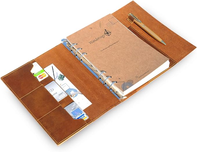 Wanderings A5 Leather Binder Journal – Handcrafted 6 Ring Organizer with Pockets – Leather Planner with Planner Inserts – 52 Week Undated Calendar | A5 6 Ring Binder Filofax Compatible – 6” x 8.5”