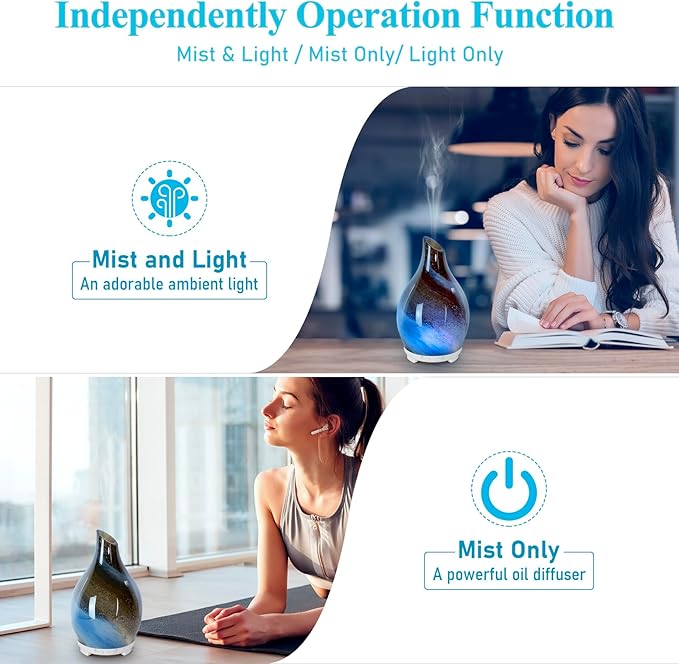 Essential Oil Diffuser 120ML Glass Ultrasonic Aromatherapy Oil Diffuser-Aroma Humidifier Glass Diffuser,7 Color Changing Light Waterless Auto-Off-Ultra-Quiet for Sleeping Yoga Home Office and Spa