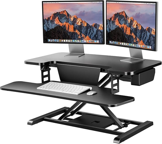 SANODESK 32" Electric Standing Desk Converter,Height Adjustable Riser for Office Home, Monitor and Laptop Workstation with Large Keyboard Tray,Black Color