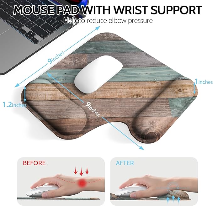 Ergonomic Mouse Pad with Gel Wrist Rest (1"& 1.2" Dual Height) - Mouse Pads Compact Mousepad Desk Mat Office, Gaming & Carpal Tunnel Relief | Non-Slip Rubber Base Rustic Wood Pattern