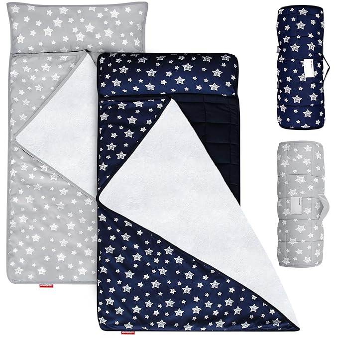 Toddler Nap Mat 2 Pack, Nap Mat for Kids Preschool, Daycare and Fleece Minky Blanket, Lightweight, Soft, Gray and Navy