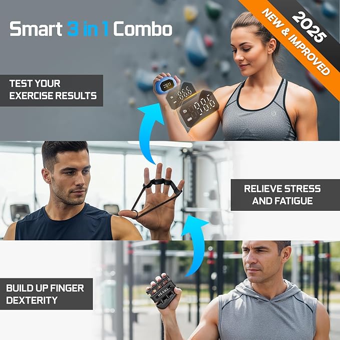 Funny Palm Grip Strength Tester Trainer - Strength Dynamometer Rechargeable Hand Exercising Device for Hand and Finger Grip Tester with Finger Exerciser Stretcher Workout Equipment Blue Red