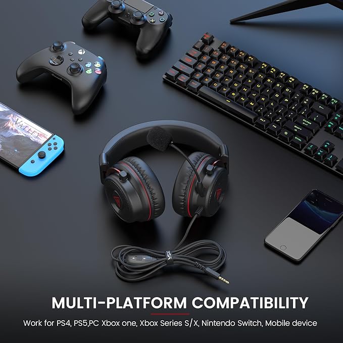 EKSA E900 Gaming Headset with Microphone - PC Headset with Detachable Noise Canceling Mic, 3D Surround Sound, Wired Headphone for PS4, PS5, Xbox, Computer, Laptop, Switch, Handheld (3.5MM Jack)