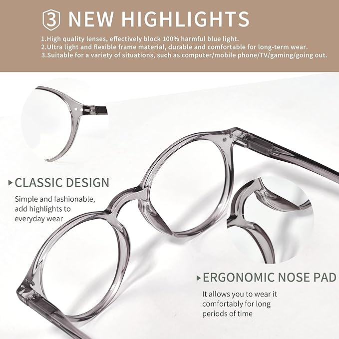 Blue Light Blocking Glasses Round Retro Computer Gaming Glasses Women Men UV Protection AB3303 (Black/Grey)