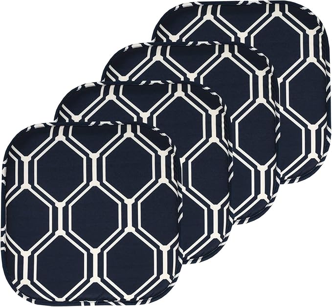 Sweet Home Collection Chair Cushion Memory Foam Pads Honeycomb Pattern Slip Non Skid Rubber Back Rounded Square 16" x 16" Seat Cover, 4 Pack, Mirage Navy/White