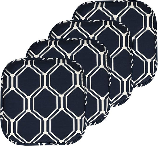 Sweet Home Collection Chair Cushion Memory Foam Pads Honeycomb Pattern Slip Non Skid Rubber Back Rounded Square 16" x 16" Seat Cover, 4 Pack, Mirage Navy/White