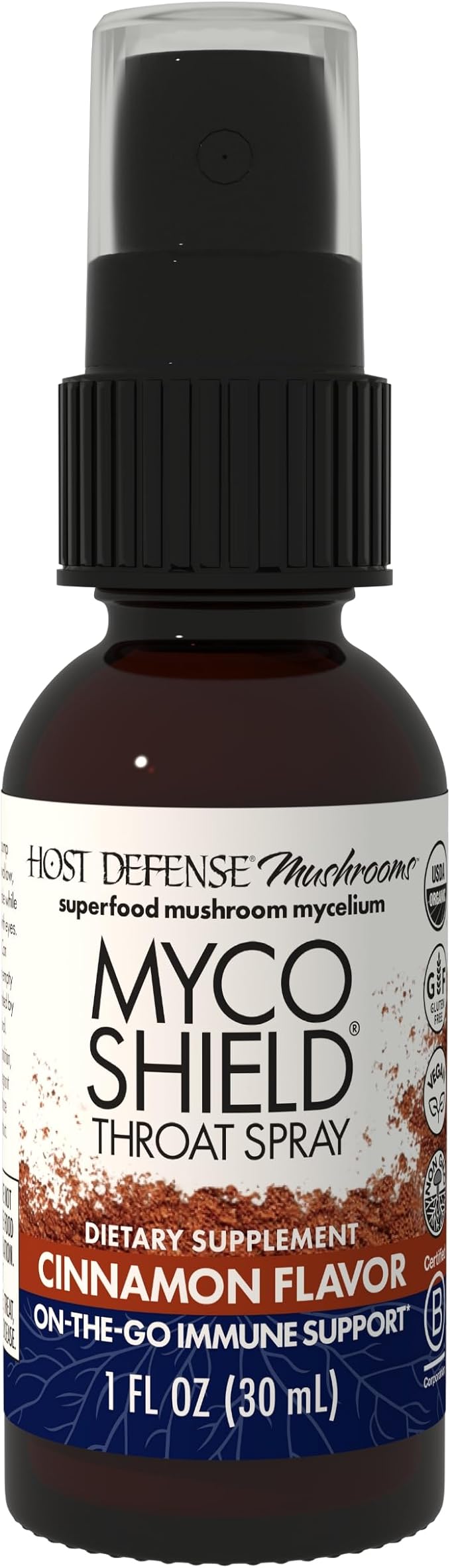 Host Defense MycoShield Throat Spray - Immune Health Support - Dietary Mushroom Supplement with Chaga, Reishi, Turkey Tail & More - On-The-Go Immune Support - Cinnamon Flavor, 1 fl oz (71 Servings)*