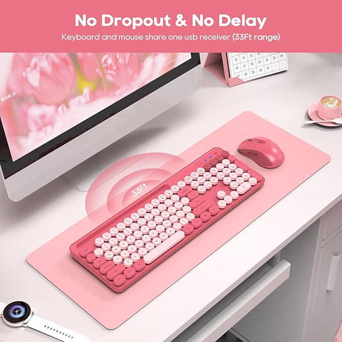 Wireless Keyboard and Mouse Combo, Retro Round Keycaps, Cute Full-Size Typewriter Keyboard with Phone Holder, Sleep Mode, Click Soft, 2.4GHz Cordless Connection for Windows/PC/Laptop (Pink-Colorful)