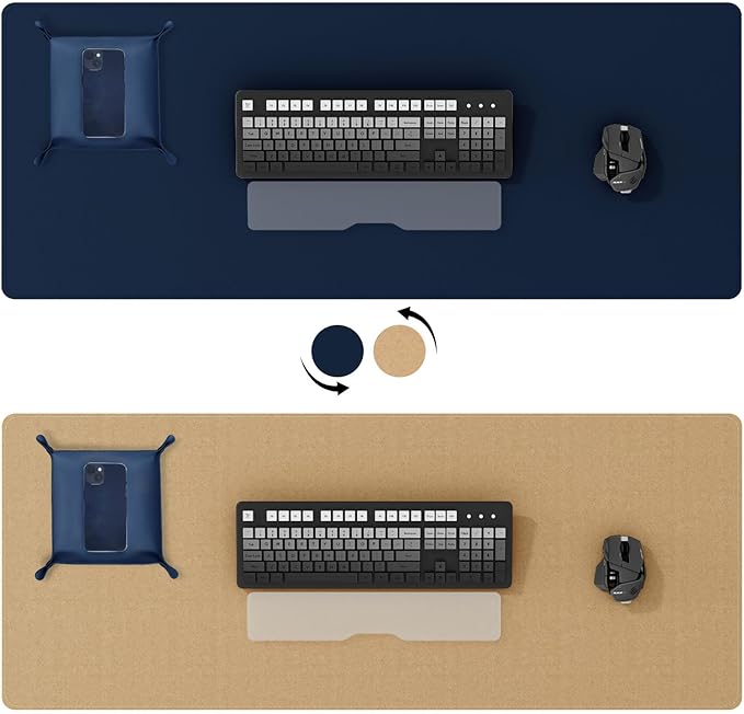 DAWNTREES Dual Sided Desk Mat,Leather Desk Pad,35.5"x17",Cork Desk Mat Protector,with PU Leather Valet Tray Organizer,Large Mouse Pad,Desk Writing Pad for Office and Home(Dark Blue)