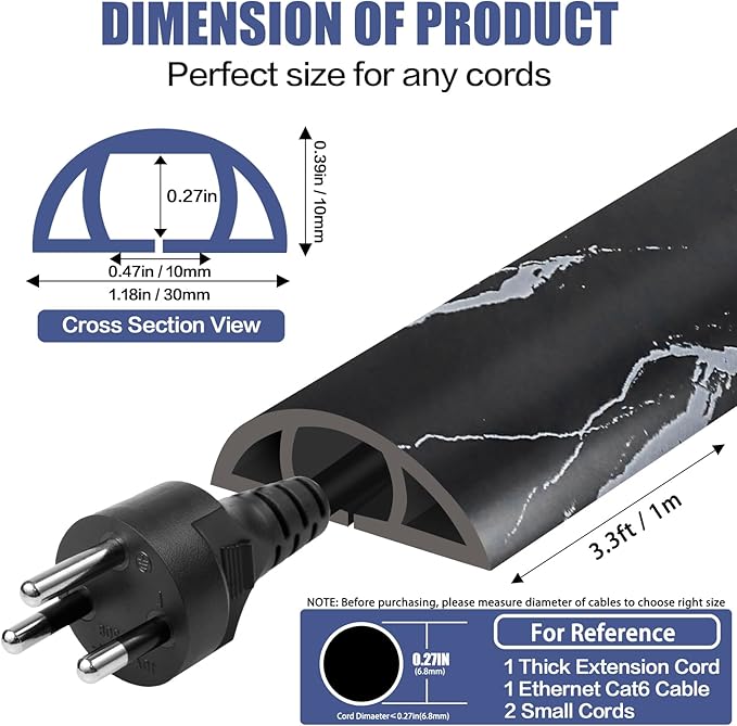 Floor Cord Cover Self Adhesive Cord Hider,3.3FT Cable Management, Extension Strip Protector for Wires, Prevent Cable Trips for Offices, Gyms, Exhibitions Cavity:0.47"(W) x 0.27"(H) Black Stone