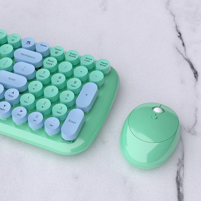 Wireless Keyboards and Mouse Combos, UBOTIE Colorful Gradient Rainbow Colored Retro Typewriter Flexible Keyboard, 2.4GHz Connection and Optical Mouse (New Green Colorful)