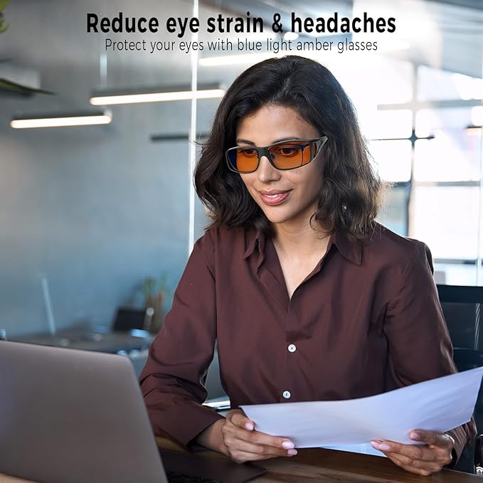 Fit Over 100% Blue Light Blocking Glasses for Sleep - Amber Nighttime Eyewear, Wraparound Sleep Glasses, Anti-Blue Blocking Computer Gaming Glasses for Men Women, Black