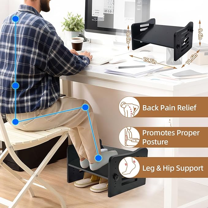 Myplace Bamboo Adjustable Under Desk Footrest, Ergonomic Foot Rest with 7-Level Adjust, Slanted Foot Rest Stool for Home Office Kitchen Bedroom (Black)