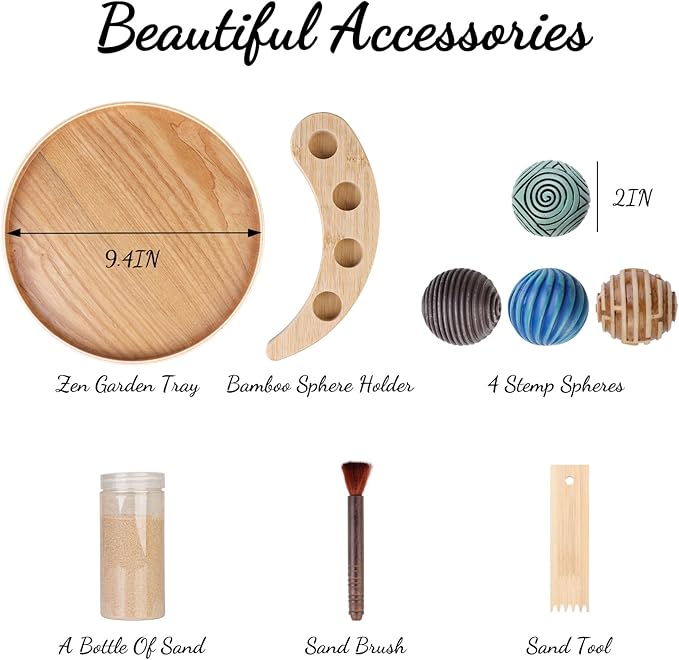 Melonva Mini Zen Garden for Desk - 9.5''x9.5'' Automatic Desk Sand Tray Therapy Kit with 4 Stamp Spheres